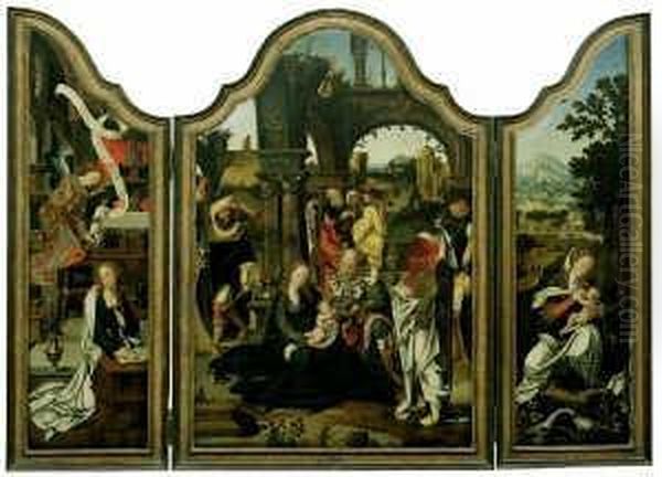 Triptychon. Mittelbild: Die 
Anbetung Der Konige. Linker Seitenflugel: Maria Verkundigung. Rechter 
Seitenflugel: Die Ruhe Auf Der Flucht Nach Agypten. Oil Painting by Jan van Dornicke