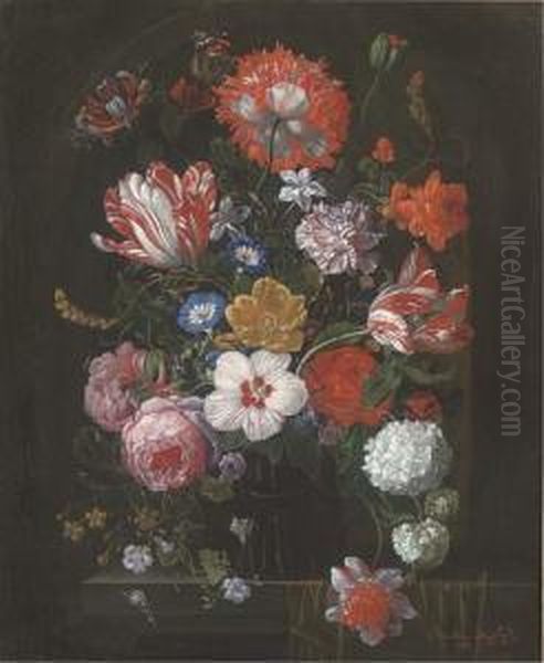 Roses, Tulips, Irises And Other Summer Flowers In A Vase On Aledge Oil Painting by Jan Van Doust