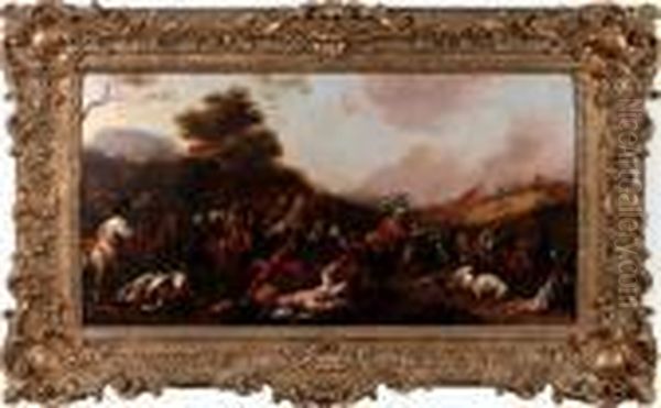 A Large Battle Scene Oil Painting by Simon Johannes van Douw