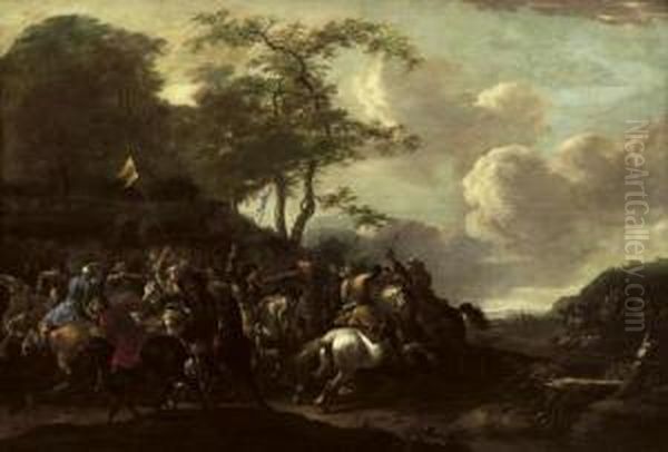 A Cavalry Skirmish Between Christians And Turks Oil Painting by Simon Johannes van Douw