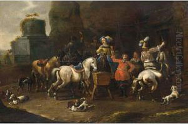 A Merry Hunting Party Resting Near An Inn With Hounds In The Foreground Oil Painting by Simon Johannes van Douw