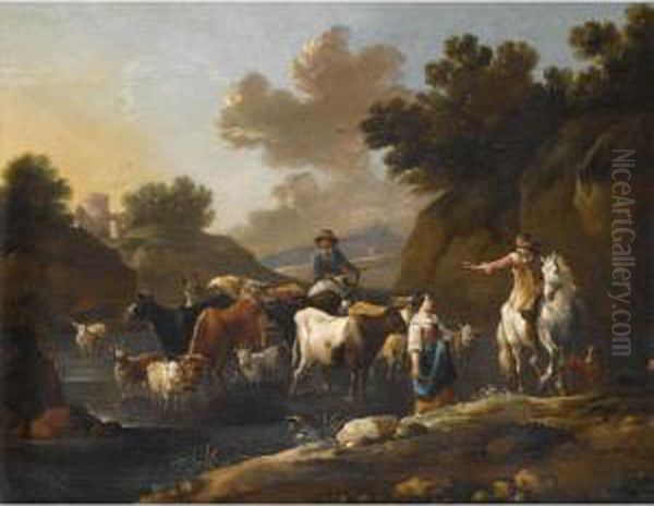 Pastoral Landscape With Horses Sheep And Cattle In A Stream Oil Painting by Simon Johannes van Douw