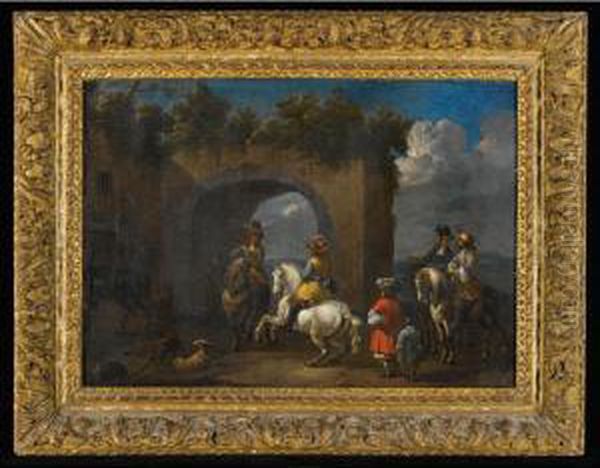 Horsemen By An Arch Oil Painting by Simon Johannes van Douw