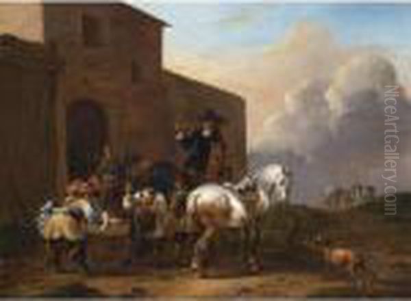 A Farrier At Work Outside A Blacksmith's Shop, Together With Horsemen Waiting And A Dog Oil Painting by Simon Johannes van Douw