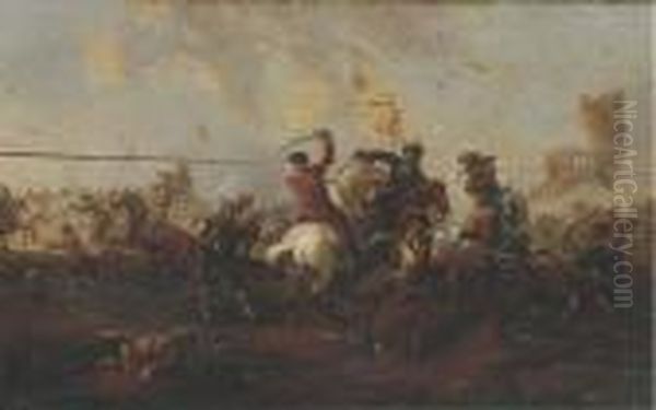 A Cavalry Skirmish Oil Painting by Simon Johannes van Douw