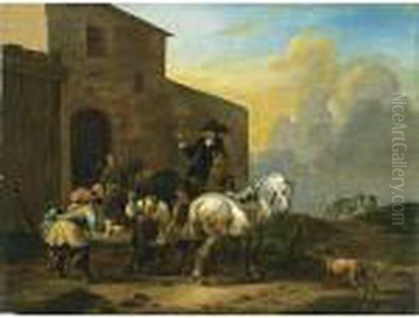 Horsemen With Their Horses At A Forge Together With A Dog Oil Painting by Simon Johannes van Douw