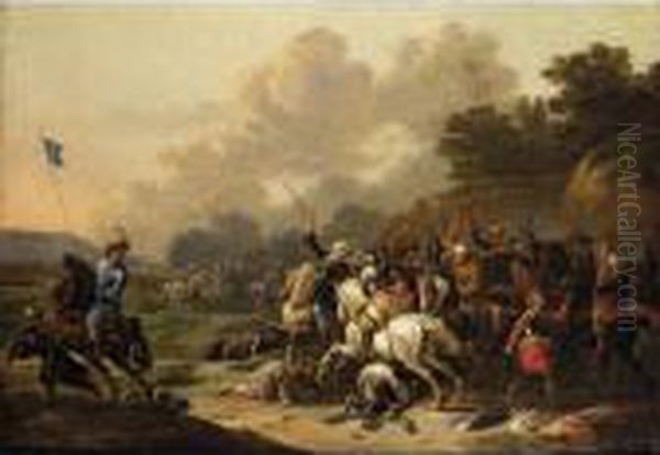 A Cavalry Engagement Between Turks And Christians Oil Painting by Simon Johannes van Douw