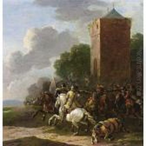 A Cavalry Battle Near A Tower Oil Painting by Simon Johannes van Douw