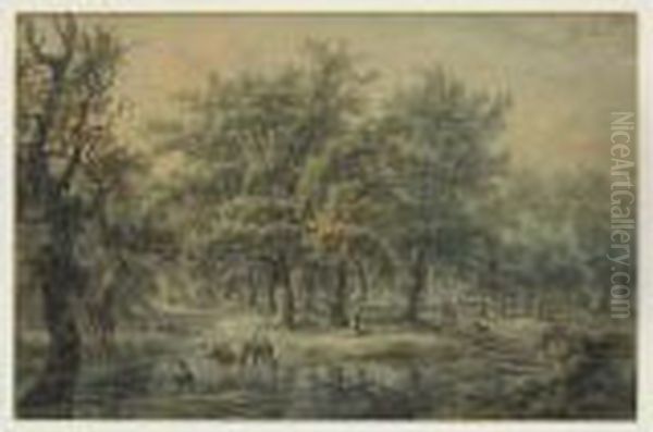 Paysage De Sous Bois Avec Animaux, Paysans Et Fermes Oil Painting by Egbert Van Drielst