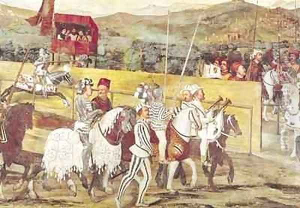 Tournament in Honour of Christian I 1426-81 of Denmark at Castello di Malpaga Oil Painting by Marcello Fogolino