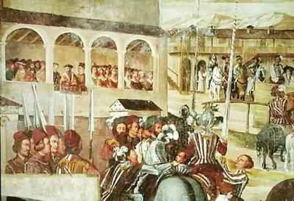 Tournament in Honour of Christian I 1426-81 of Denmark at Castello di Malpaga 2 Oil Painting by Marcello Fogolino