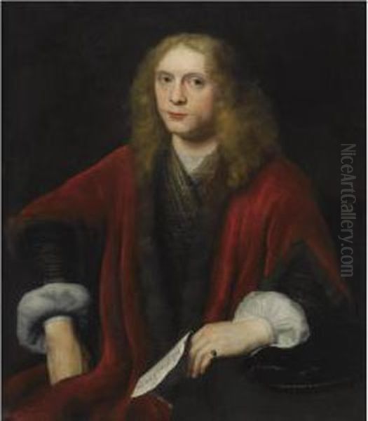 Portrait Of A Gentleman, 
Probably Johannes Van Zell (born Circa1620), Seated Half-length, Wearing
 A Gold Embroidered Waistcoat Anda Crimson Fur-trimmed Coat, Holding A 
Letter Oil Painting by Abraham van Dijck