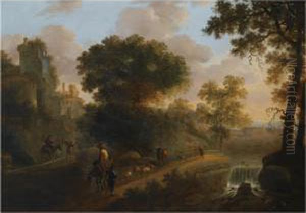 An Italianate Wooded Landscape 
With Shepherds Herding Their Flock And Cattle On A Path Near A Ruined 
Tower, A View Of A Village Beyond Oil Painting by Abraham van Dijck