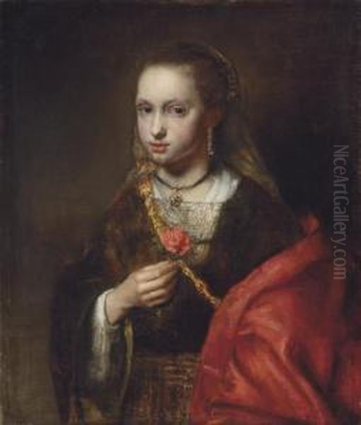 Portrait Of A Lady, Half-length, In A Black Dress And Red Shawl, Holding A Flower Oil Painting by Abraham van Dijck