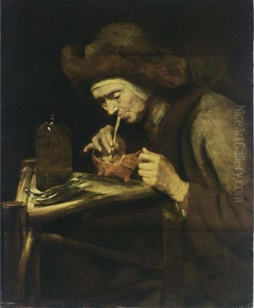 An Elderly Woman Smoking A Pipe Oil Painting by Abraham van Dijck