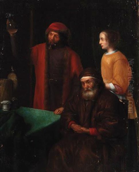 A Doctor With An Old Man And His Daughter In An Interior Oil Painting by Abraham van Dijck