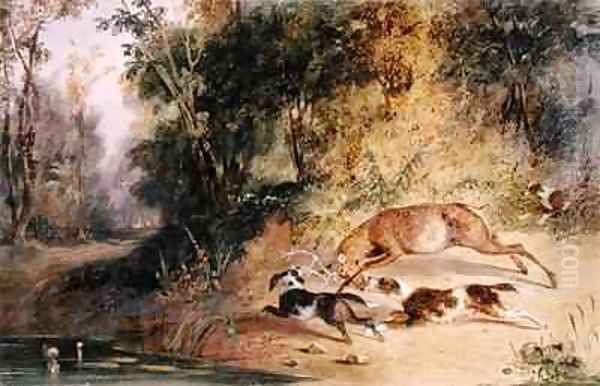 Deerhound and Bitch Cornering a Stag at the Edge of a Woodland Pool Oil Painting by Newton Fielding