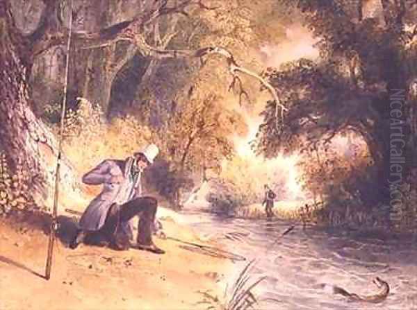 Pike Fishing Landing a Jack Oil Painting by Newton Fielding