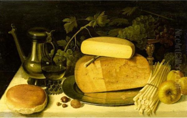 Still Life With Cheeses On A 
Pewter Plate Together With Asparagus, Nuts, Apples, Grapes, A Bun, A 
Roemer And A Tankard Oil Painting by Floris Claesz Van Dijck