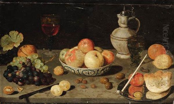 Grapes, Olives, Walnuts, 
Hazelnuts, An Orange, A Lemon, A Pomegranate, A Roemer, A Stoneware Ewer Oil Painting by Floris Claesz Van Dijck