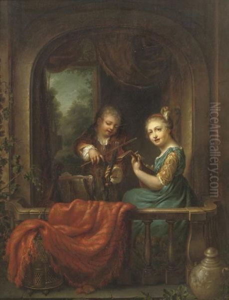 An Elegant Couple Making Music On A Balcony, A Landscapebeyond Oil Painting by Philip Le Petit Van Dyk