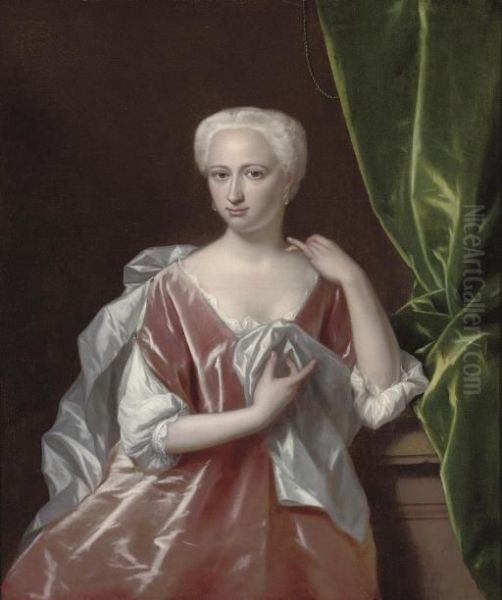 Portrait Of A Lady, 
Three-quarter-length, In A Pink Dress And Grey Mantle, By A Plinth, A 
Green Curtain Draped To Her Left Oil Painting by Philip Le Petit Van Dyk