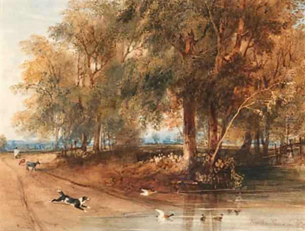 A woodland scene with a dog chasing ducks Oil Painting by Newton Fielding