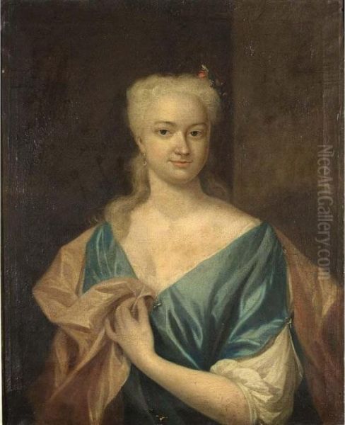 A Portrait Of Sara Louise De 
Laignier, Half Length, Wearing A Blue Dress With White Sleeves And A 
Pink Shawl Oil Painting by Philip Le Petit Van Dyk