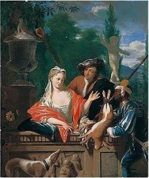 A Gentleman And His Negro Page Presenting A Hare To A Young Lady Oil Painting by Philip Le Petit Van Dyk