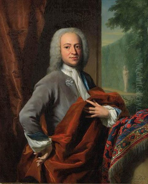 Portrait Of A Gentleman, Small 
Three-quarter-length, In A Greycoat, Holding An Orange Cloak, Resting 
His Left Arm On A Turkishrug, An Ornamental Garden Beyond; And Portrait 
Of A Lady, Seatedsmall Three-quarter-length, In A Green Dress With A 
Pink  Oil Painting by Philip Le Petit Van Dyk