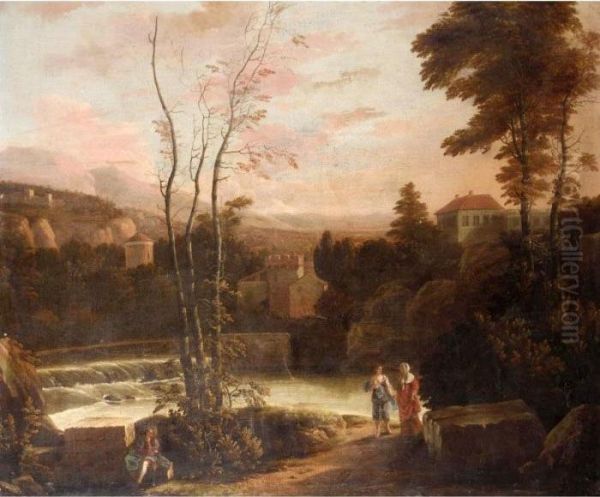 An Extensive Italianate 
Landscape With Two Women Walking On A Path And A Fisherman Resting On A 
Stone In The Foreground. by Gerard Van Edema