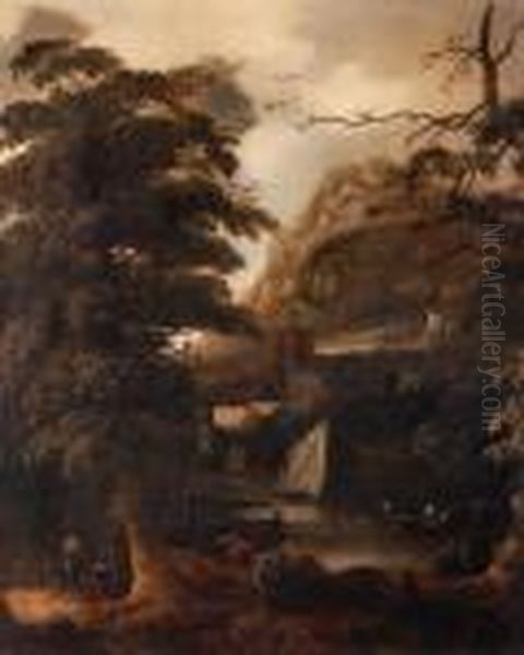 A Wooded River Landscape With A Couple On A Track, Bathers On Abank Beyond Oil Painting by Gerard Van Edema