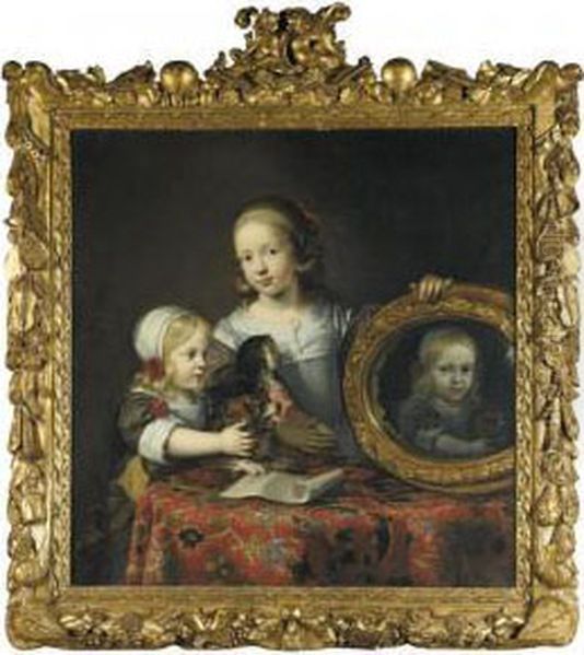 A Portrait Of Two Young Girls 
Standing Behind A Table Draped With A Carpet, One Holding A Doll And 
Mirror, The Other Holding A Small Dog Barking At Its Reflection In The 
Mirror Oil Painting by Justus van Egmont