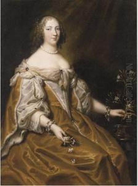 Portrait Of A Lady, Three-quarter-length, Holding Sprigs Of Jasmine Oil Painting by Justus van Egmont