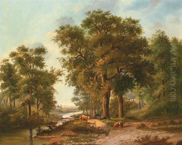 Bewaldete Landschaftmit Einem Flusschen Und Weidendem Vieh Oil Painting by Hendrik D. Kruseman Van Elten