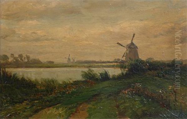 Windmills At Sunset Oil Painting by Hendrik D. Kruseman Van Elten