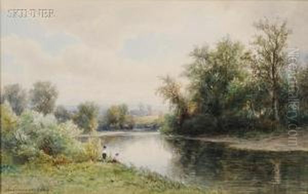 Boys Fishing On A River Bank Oil Painting by Hendrik D. Kruseman Van Elten