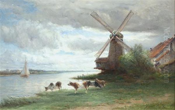 Cattle Watering Before A Windmill Oil Painting by Hendrik D. Kruseman Van Elten