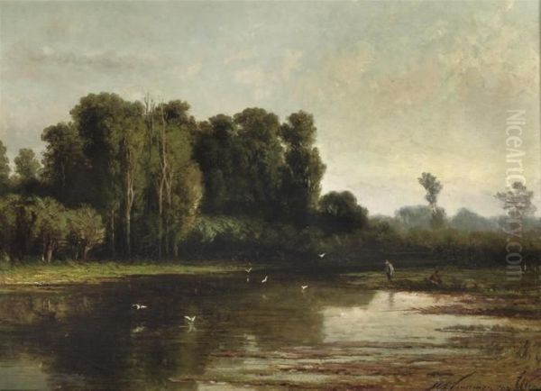 Anglers On A Riverbank Oil Painting by Hendrik D. Kruseman Van Elten