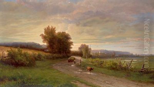 Ampio Paesaggio Serale Con Contadini Che Rientrano Dai Campi Oil Painting by Hendrik D. Kruseman Van Elten