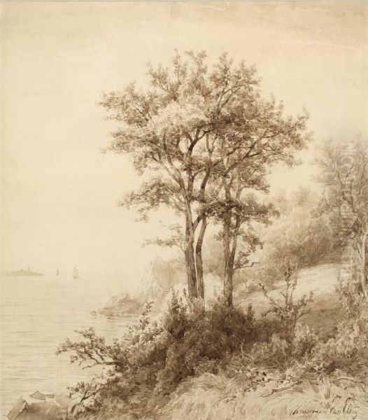 River Bank With Distant Boats Oil Painting by Hendrik D. Kruseman Van Elten