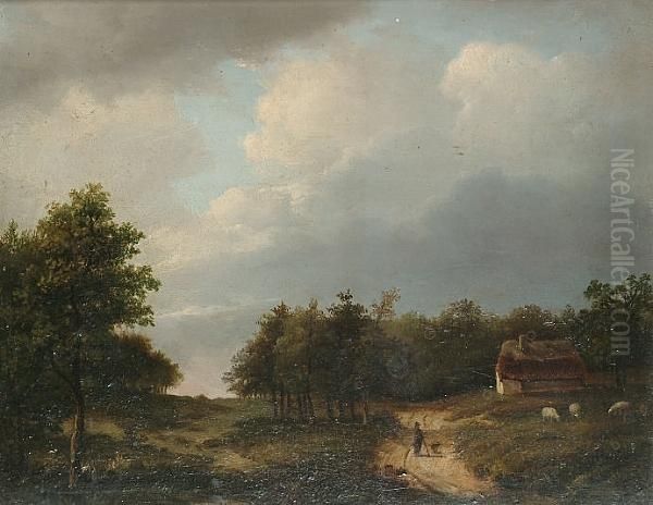 A Figure On A Country Road Oil Painting by Hendrik D. Kruseman Van Elten