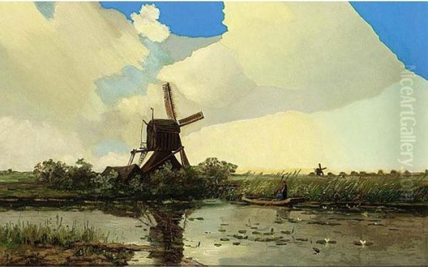 A Windmill And Anglers In A Polder Landscape Oil Painting by Hendrik D. Kruseman Van Elten