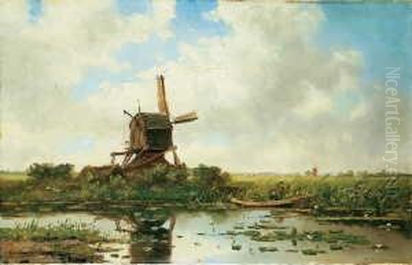 Landschaft Mit Windmuhlen. 
Signiert Unten Links: Kruseman V Elten. Ol Auf Leinwand. H 41; B 66 Cm. Oil Painting by Hendrik D. Kruseman Van Elten