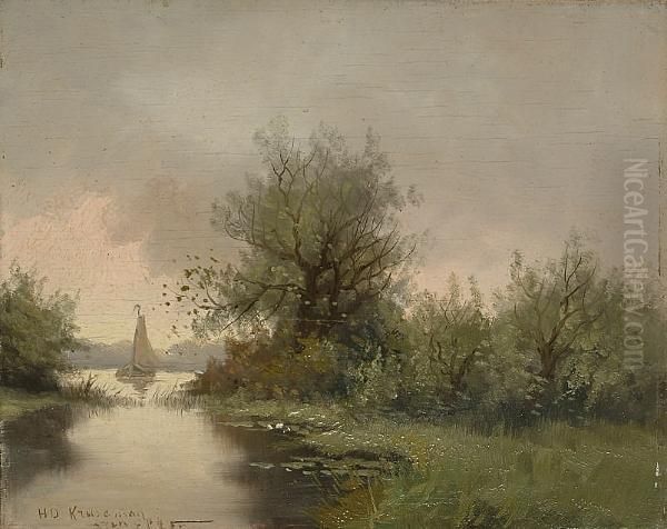 A Boat On A River Oil Painting by Hendrik D. Kruseman Van Elten