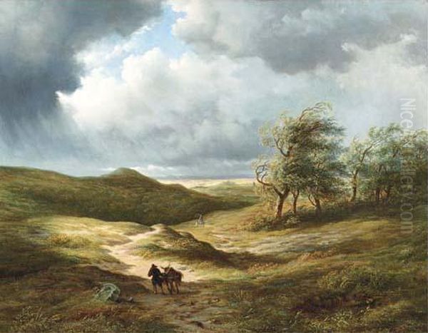 After The Storm: Travellers On A Path In An Extensive Undulatinglandscape Oil Painting by Hendrik D. Kruseman Van Elten