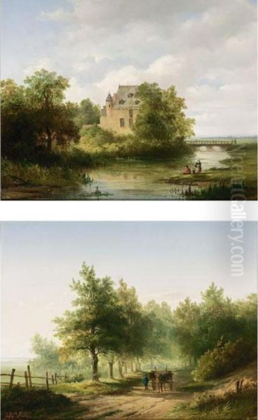 A Peasant On A Country Road; A Castle By A River (a Pair) Oil Painting by Hendrik D. Kruseman Van Elten