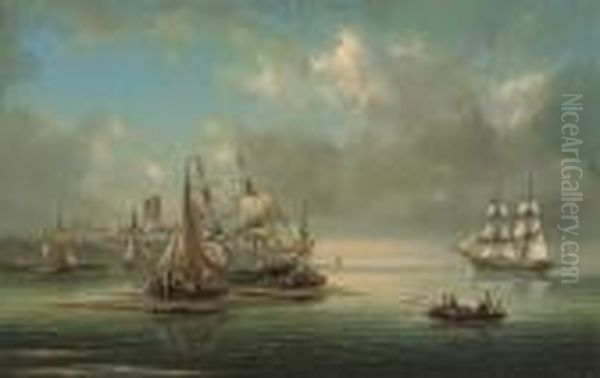 Beached Fishing Vessels At Low Tide Off A Fortified Headland Oil Painting by Govert Van Emmerik