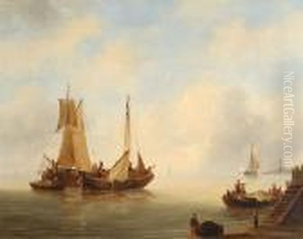 Ships In Calm Waters Oil Painting by Govert Van Emmerik