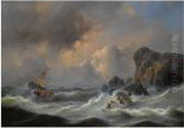 Shipwreck Off The Coast Oil Painting by Govert Van Emmerik